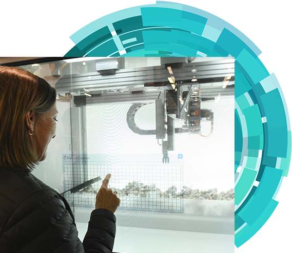 Woman pointing at objects in a display