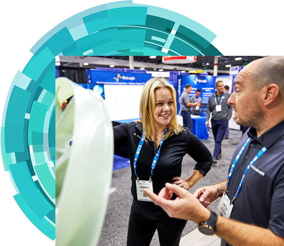 Tradeshow attendee looking at a product being showcased at the show