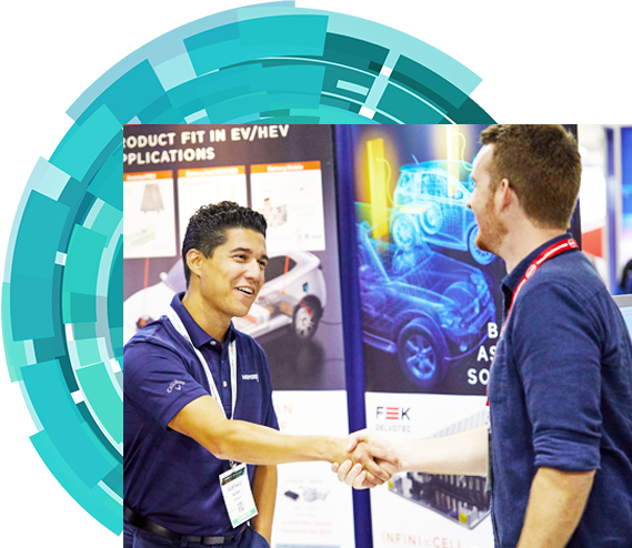 Attendee and exhibitor shaking hands at a tradeshow 